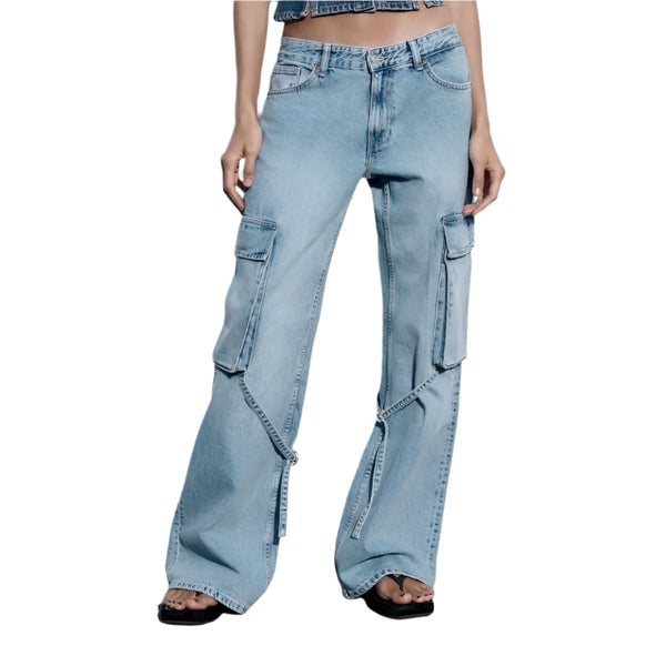Women's Loose Fit Mid-Waist Cargo Jeans with Adjustable Straps | Trendy Streetwear Denim Pants