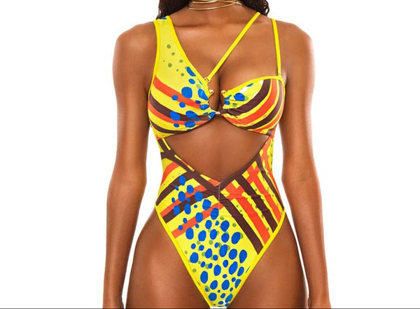 Yellow High Waist, Sexy Two Piece Totem Print Bikini Set for Women