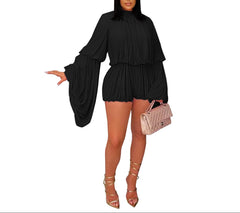 Plus Size Black Women’s Pleated Long Sleeve Romper – Chic Fit