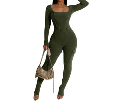 Women's Olive Green  Fashion Casual Solid Color Pocket Tight Jumpsuit