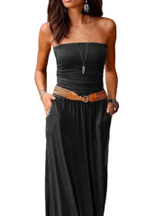 Plus Size Black West Keys Solid Strapless Tube Top Maxi Dress Summer Long Dress for Women