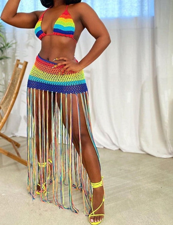 Chase Rainbows in Style: Crochet Tassel Skirt Set for Trendsetting Fashionistas