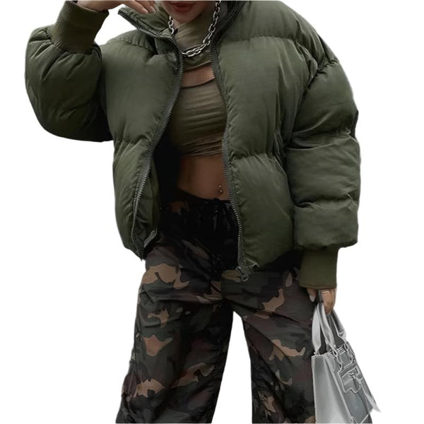 Retro Olive Green Women's Puffer Coat Cozy with Casual Flair