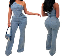 Trendy Slant Shoulder Denim Tight Waist, Slim Fit Jumpsuit