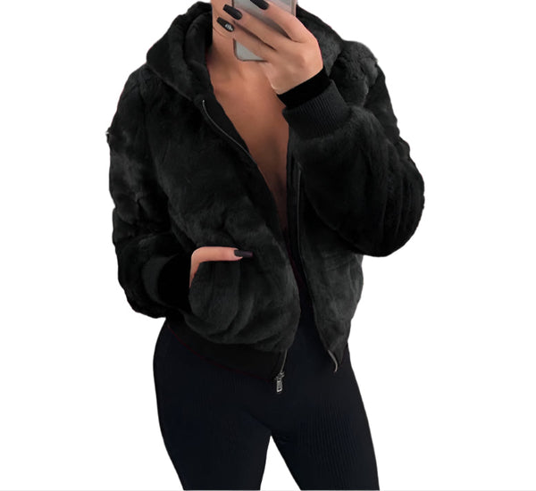 Cozy Women's Hooded Faux Fur Rabbit Plush Jacket