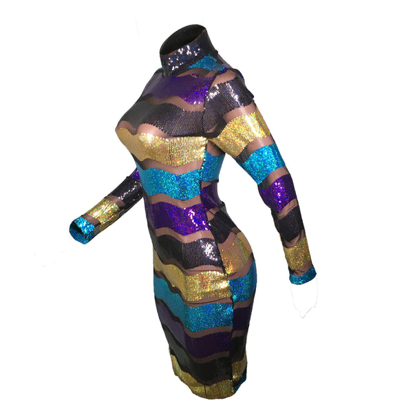 Women's Striped Multicolor Sequin Sparkling Party Dress