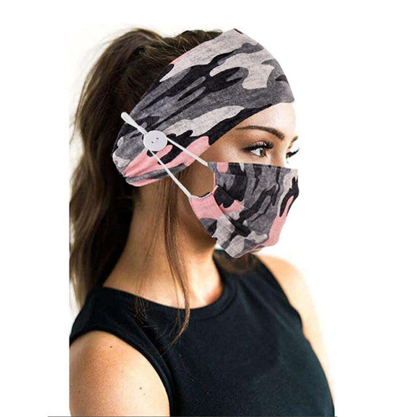 Camo Non-Slip Wide Nurses Headbands for Women - Elastic Ear Protection with Mask Button