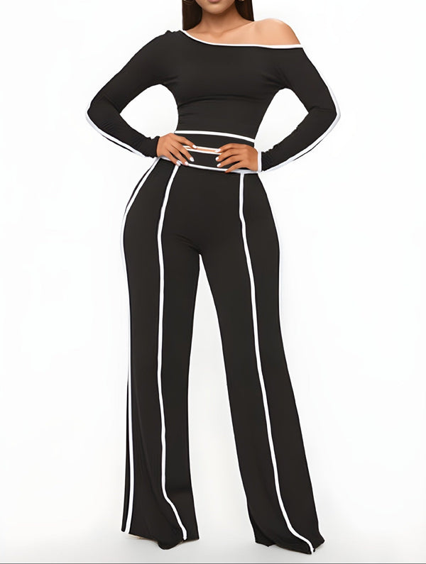 Black Chic 2-Piece Set for Women – Long Sleeve Blouse & Wide-Leg High-Waist Pants