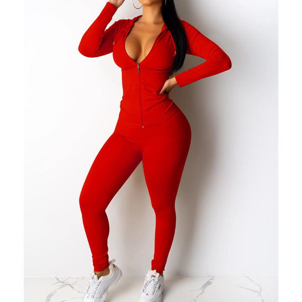 Women's Red Valentine Day Sultry Chic Casual Style Solid Color Hooded Pant Set Outfits In All Sizes Made with Spandex Fabric