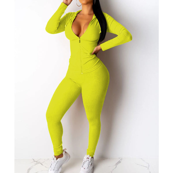 Women's Vacation Lime Sultry Chic Casual Solid Color Hooded Pant Set