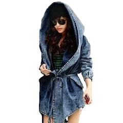 Women's Denim Utility Windbreaker Jacket Lightweight Hooded Jean Coat with Pockets