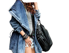 Women's Denim Utility Windbreaker Jacket Lightweight Hooded Jean Coat with Pockets