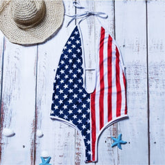 Stars & Stripes Deep V Swimsuit Sexy Patriotic One-Piece for 4th of July & Summer Parties