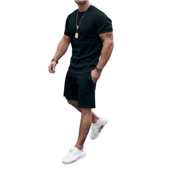 Men's Summer Vacation Black Solid Flex Sport Short Set