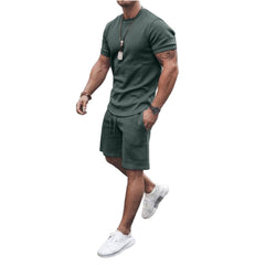 Men's Summer Vacation Green Solid Flex Sport Short Set
