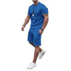 Men's Summer Vacation Blue Solid Flex Sport Short Set