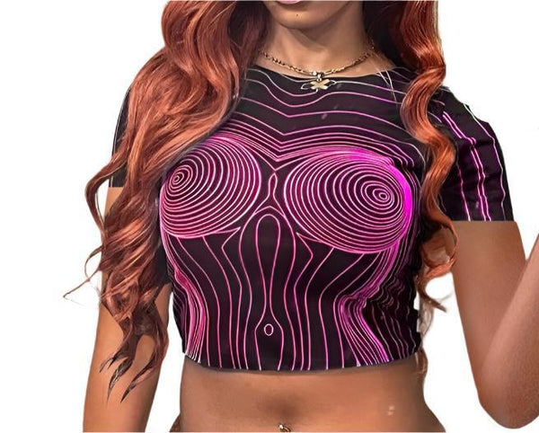 Pink Women's 3D Print Slim-Fit Round Neck Short Sleeve Streetwear Top Trendy Casual Fashion