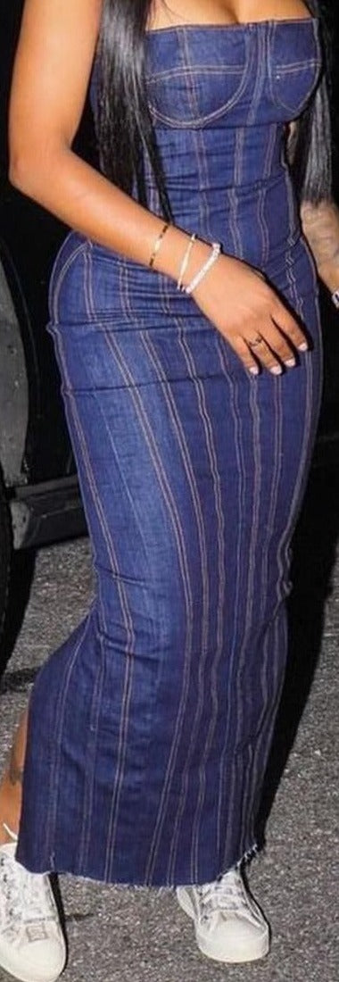 Denim Delight: Explore Trendy Women's Tube Top Maxi Dresses