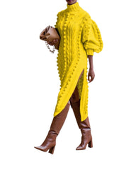 Stylish Women's Casual Knitted Long Dress with Turtleneck and Slit Detail