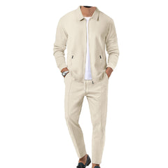 Khaki Men's Slim Fit Tracksuit – Soft Cotton Blend Zip Jacket & Sweatpants Set