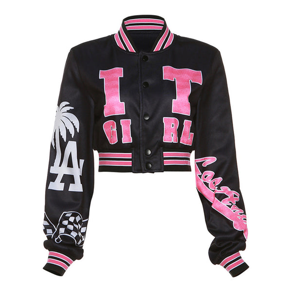 Pink Autumn Women’s Retro Baseball Cardigan: Hot Girl American Printed Coat