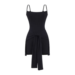 Black Women's Tie Knot Skort Romper Sleeveless Faux Wrap Belted Summer Jumpsuit