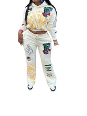 Chic Long-Sleeved Varsity Print Two-Piece Sweater Set - Fashionable & Comfortable