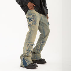 Men's Golden Mud Vintage Patchwork Micro-Flare Jeans Loose Casual Bootcut in Washed Yellow