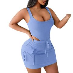 Sexy Women's Summer 2 Piece Set  Hollow Out Crop Tank Top & Mini Skirt Outfit