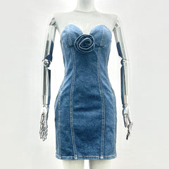 Women's 3D Floral Denim Dress  Embroidered Flower Jean Mini Dress