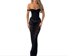 Elegant Tube Top Maxi Dress Premium Lace Stitching, Hollow Bodice & Fishbone Waist Design