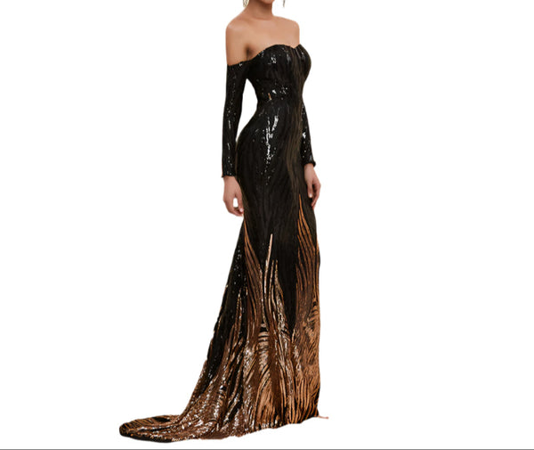 Black and Gold Twilight Sequin Tube Top & Off-Shoulder Evening Dress Glamorous Party Outfit