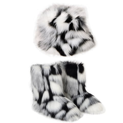 Women's Warm Plush Boots & Colorful Fur Bucket Hat Set – Cozy Winter Footwear & Hat Combo
