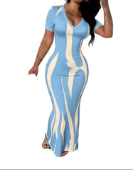 Plus Size Light Blue Women's  Chic Casual V-Neck Slim-Fit Short Sleeve Printed Maxi Dress