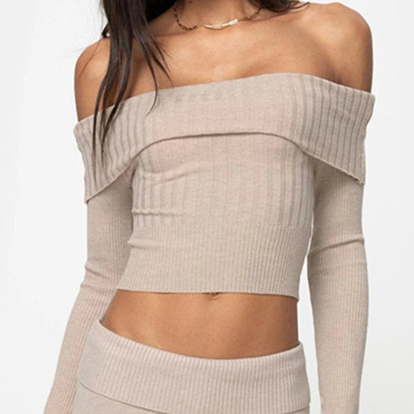 Off-Shoulder Knitted Crop Sweater Trendy Long Sleeve Short Top