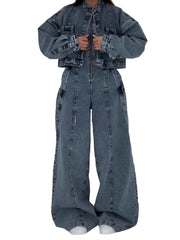 Women’s Denim Wide Leg Strapless Jumpsuit with Crop Jacket Set