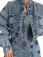 Women’s Denim Wide Leg Strapless Jumpsuit with Crop Jacket Set