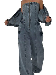 Women’s Denim Wide Leg Strapless Jumpsuit with Crop Jacket Set