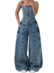 Plus Size Women’s Denim Wide Leg Strapless Jumpsuit with Crop Jacket Set