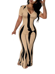 Plus Size Khaki Women's Chic Casual V-Neck Slim-Fit Short Sleeve Printed Maxi  Dress