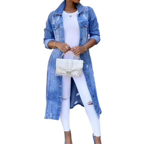 Women's Casual Denim Long Trench Coat  Fashionable Outerwear