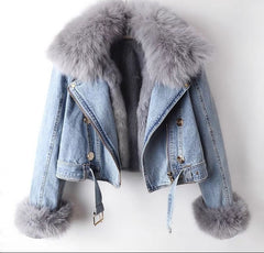 Women’s Moscow Denim Faux Fur Hooded Bomber Coat