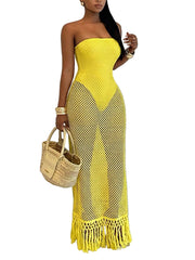 Yellow Resort-Style Hollow-Out Women's Knitted Dress – Elegant Beach Vacation Cover-Up