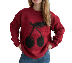 Red Women’s Airy Soft Jacquard Crewneck Sweater – Cherry Design