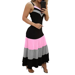 Women's Coastal Color Block Maxi Dress – V-Neck Flowy Summer Beach Vacation Outfit