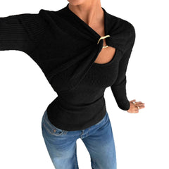 Black Women’s Asymmetrical Long-Sleeve Slim Fit Top