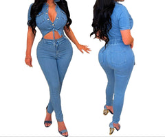 Women’s Slim Fit Denim Jumpsuit – Short Sleeve Casual One-Piece Romper