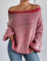 Women’s Off-Shoulder Fold over Contrast Sweater Trendy Knit Top