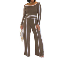 Brown Chic 2-Piece Set for Women – Long Sleeve Blouse & Wide-Leg High-Waist Pants