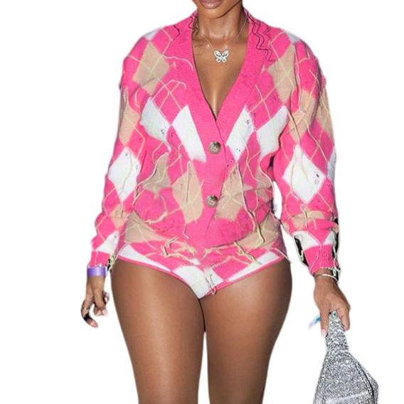 Fashion-Forward Women’s Pink Tassel Plaid Cardigan Top with Mini Short Set – Must-Have for Effortless Style!